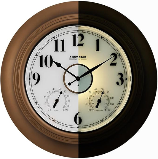 Andy Star 21 Inch Large Luminous Outdoor Wall Clock Waterproof with Temperature, Vintage Round Wall Clocks Battery, Oversized Pool Clock for Garden Patio Rustic Bronze Finish Silent Non Ticking Clock-Ruum Studio Home