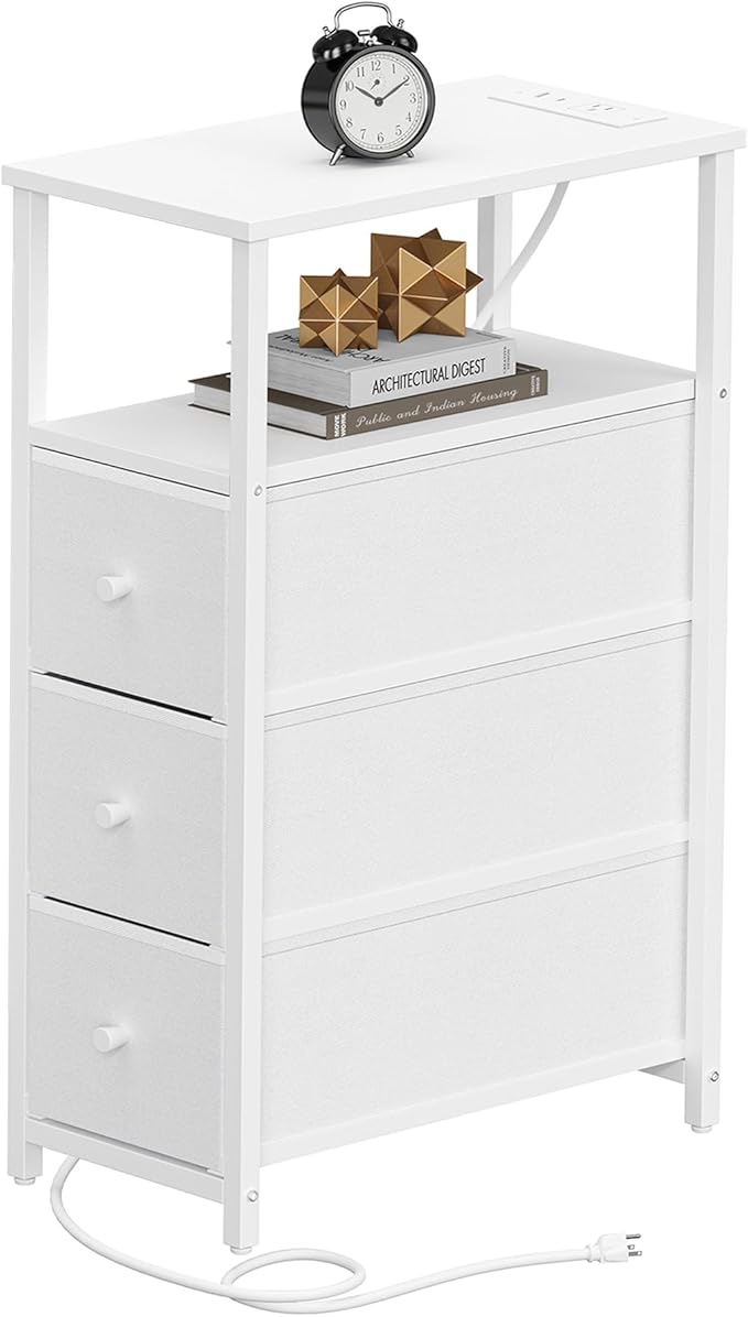 TUTOTAK Narrow Night Stand with Charging Station, Slim End Table with Plugins, Tall Side Table with 3 Fabric Drawer, Small Bedside Table with Storage, Living Room, Bedroom, White TB01BW086-Ruum Studio Home