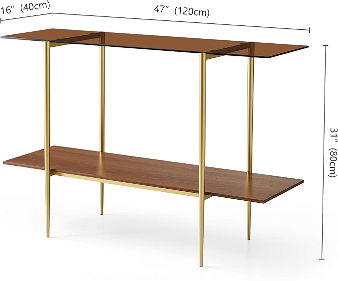 Extra Large Glass Console Table for Living Room, Foyer & Entrance, L47 x W16 x H31, Mid-Century Modern Sofa Table with Amber Glass Top, Walnut Finish Wood Top and Gold Finish Metal Frame-Ruum Studio Home