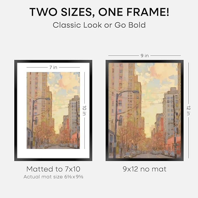 Homeforia 9x12 Picture Frame Black, High End Metal 9 x 12 Poster Frames with Mat 7 by 10 inch Photo, 9by12 Frame Matted to 7x10 in Art, 12x9 Wall or Tabletop Frames, Tempered Glass, Wall Kit, Set of 1-Ruum Studio Home
