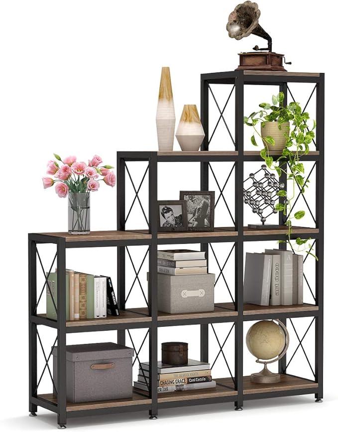 Tribesigns 12 Shelves Bookshelf, Industrial Ladder Corner Bookshelf 9 Cubes Stepped Etagere Bookcase, Rustic 5-Tier Display Shelf Storage Organizer for Home Office (Rustic Brown)-Ruum Studio Home