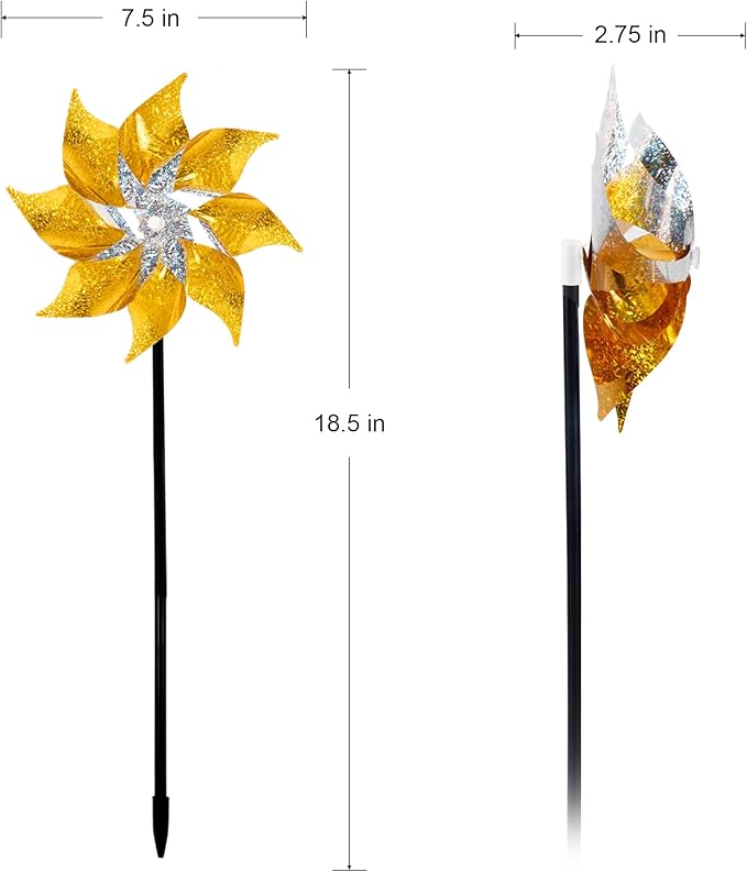 Hausse 10 Pack Reflective Pinwheels with Stakes, Extra Sparkly Pin Wheel for Garden Decor, Bird Repellent Devices Deterrent to Scare Birds Away from Yard Patio Farm, Golden-Ruum Studio Home