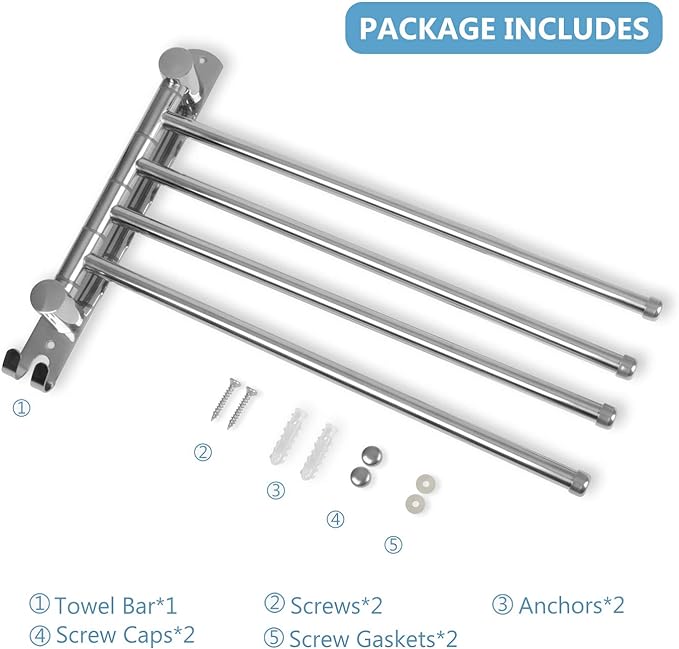 Bathroom Towel Rack JSVER 4 Arms Swivel Towel Holder, Towel Bar Wall Mounted, SUS304 Stainless Steel Space Saving Towel Rack, Towel Racks for Bathroom, Kitchen-Ruum Studio Home