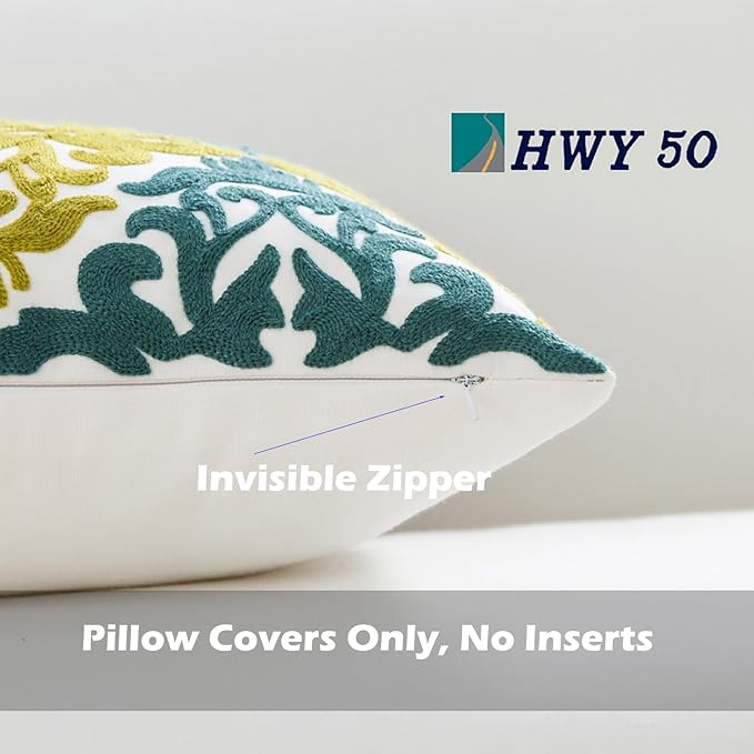 HWY 50 Decorative Throw Pillow Covers 18x18 Inch (1 Piece), Embroidered Cotton Farmhouse Cushion Cover Pillow Case for Sofa Couch Living Room Bed Bedroon, Blue and Green Floral Geometric-Ruum Studio Home