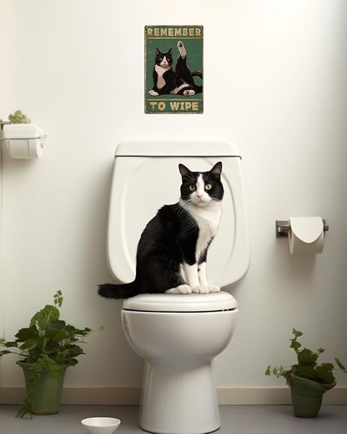 ALKB Bathroom Tuxedo Cat Sign - Remember to Wipe - Cat Lover Gift 8x12 Inch Vintage Metal Sign for Bathroom Decorations-Ruum Studio Home
