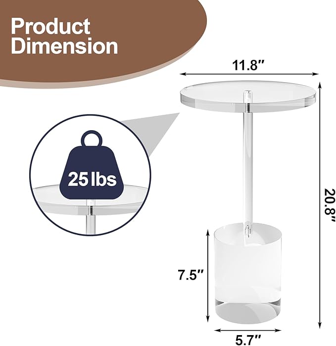Acrylic End Table, Modern Minimalist Acrylic Side Tables, Clear Side Table for Living Room, Bedroom, Office, Drink Table (12" D x 12" W x 21" H, Transparent)-Ruum Studio Home