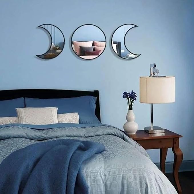 5 pcs Scandinavian Natural Decor Acrylic Moonphase Mirrors Interior Design Wooden Moon Phase Mirror Bohemian Wall Decoration for Home Living Room Bedroom Decor - No Need to Punch (Black)-Ruum Studio Home