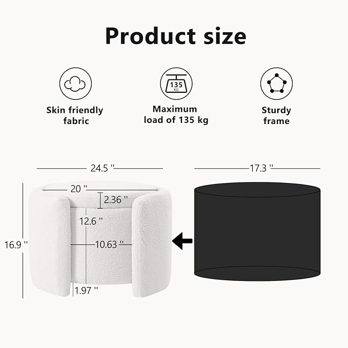 Furniliving Upholstered Button Tufted Round Ottoman, Ottoman with Storage, Teddy Footrest Stool, Removable Lid Convenient Footstools, Bedroom Ottomans with Storage for Vanity, Living Room, White-Ruum Studio Home