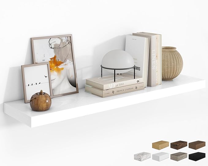 RICHFOCUS 48Inch Floating Shelves for Wall 1 Pack Shelves for Bedroom|Kitchen|Bathroom Wall Mounted Rustic Wood Floating Shelf with Invisible Brackets for Books|Storage|Decor, White-Ruum Studio Home