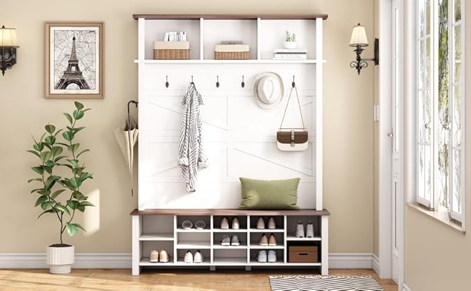 Ball & Cast 4-in-1 Hall Tree with 6 Hooks,Walnut Entryway Bench with Adjustable Shelves,Rustic Shoe Organizer with 16 Open Compartments,for Mudroom,Living Room,Hallway,White-Ruum Studio Home