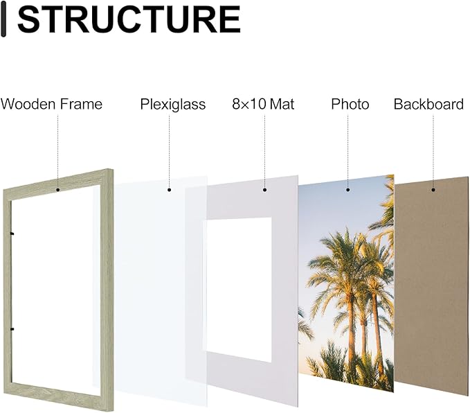 Vittanly 11x14 Picture Frames Set of 9, Shatter Resistant Plexiglass, Display 8x10 Pictures with Mat or 11x14 without Mat, Photo Frames for Wall or Tabletop, Engineered Wood, Driftwood-Ruum Studio Home