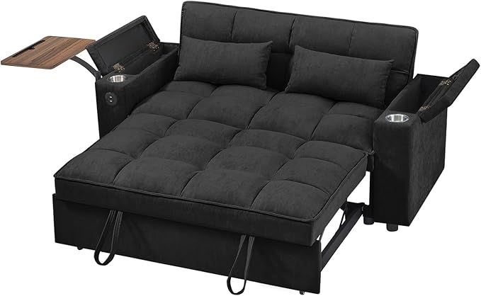 65'' 3-in-1 Folding Convertible Sofa Bed, Pullout Sofa, Modern Chenille Fabric, 360° Swivel Side Table, Easy Assembly, Perfect for Living Room, Black-Ruum Studio Home