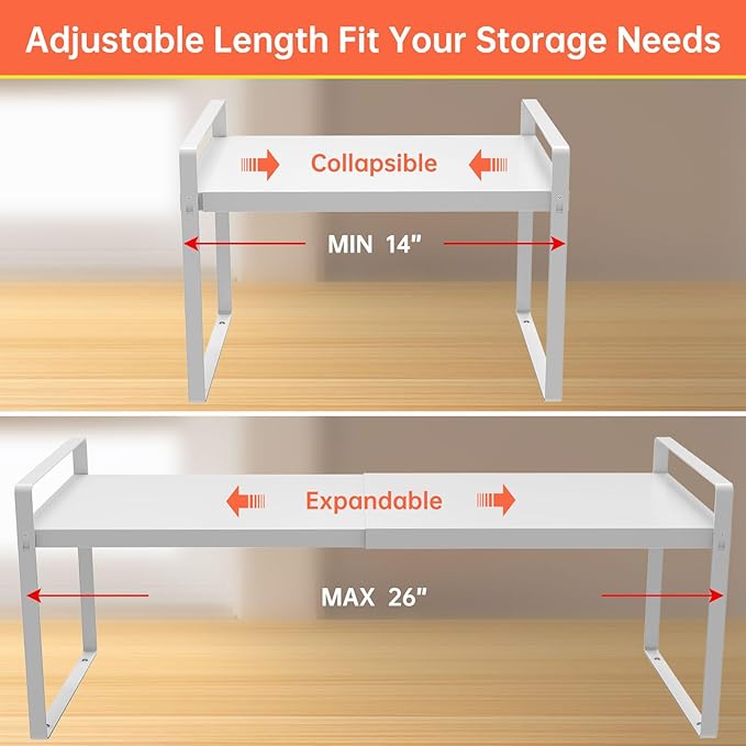 Expandable Cabinet Shelf Organizer Rack 9 inch, Pantry Organizer Lengthen from 14” to 25” ， Large Kitchen Cabinet Storage Shelf Rack， Storage Organizer white，Spice Rack Expandable Shelves,-Ruum Studio Home