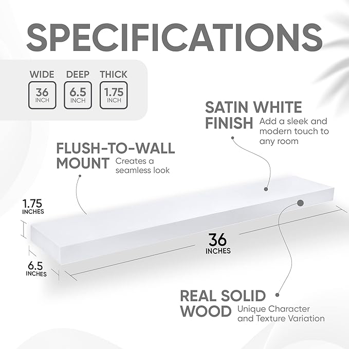 Homeforia White Floating Shelves 36 inch, High End Solid Real Wood 36inch Floating Shelf for Wall Mounted, White Wooden 36in Long Floating Shelves, Heavy Duty Bracket, 36 X 6.5 X 1.75 inches, Set of 2-Ruum Studio Home