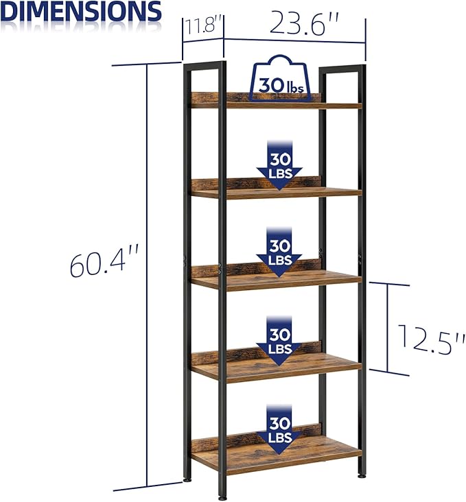 NUMENN Bookshelf, 5 Tier Bookshelves, Home Office Bookcase Shelf Storage Organizer, Free Standing Storage Shelving Unit for Bedroom, Living Room and Home Office, Vintage-Ruum Studio Home