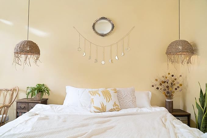 Mkono Moon Phase Wall Hanging Boho Aesthetic Room Decor Metal Moons Garland Hanging Art Bohemian Home Decoration for Girls Room Nursery Bedroom Livingroom Dorm, Ideal, Silver, 50"-Ruum Studio Home