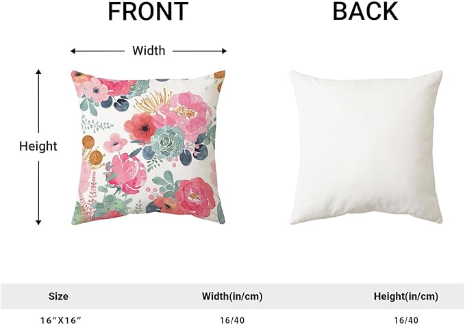CXMEIFLY Spring Floral Pillow Covers 16 x 16 Inch Set of 2 for Watercolor Pink Flowers Decor Throw Pillows Green Leaves Plant Outdoor Decorative Cushion Cases with Zipper for Couch Bed Decorations-Ruum Studio Home