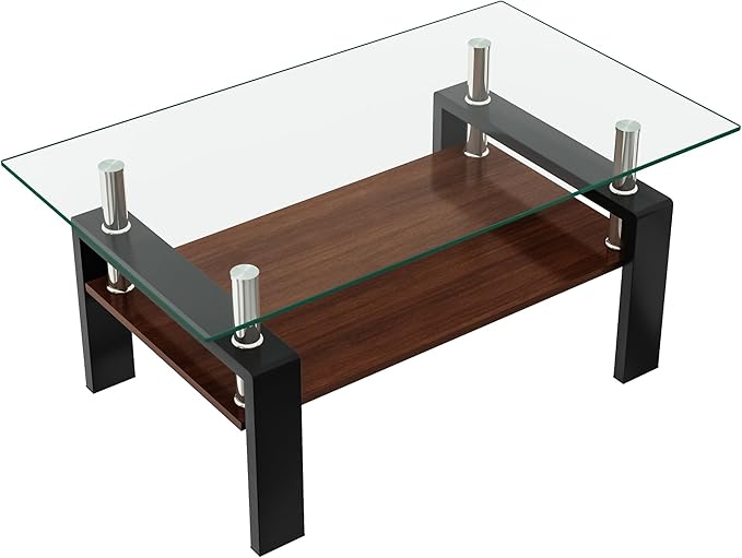 Tempered Glass Coffee Table Rectangle Living Room Center Table, with 39" Clear Top and Brown MDF Layer Black Metal Leg, for Small Space Apartment, Transparent+Brown-Ruum Studio Home