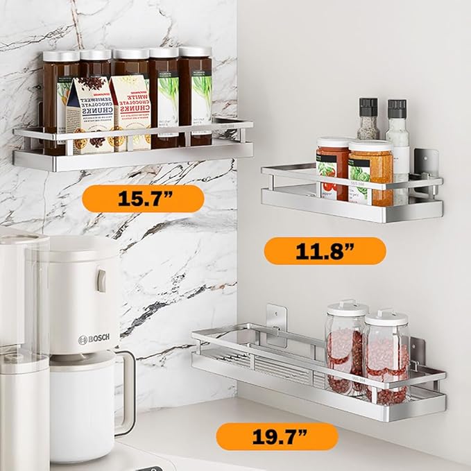 SUS304 Stainless steel Wall Mount Spice Rack Storage Basket - Seasoning Container, Kitchen Spice Organizer -Kitchen Seasoning Hanging Rack - Bathroom Shelf (Silver)-Ruum Studio Home