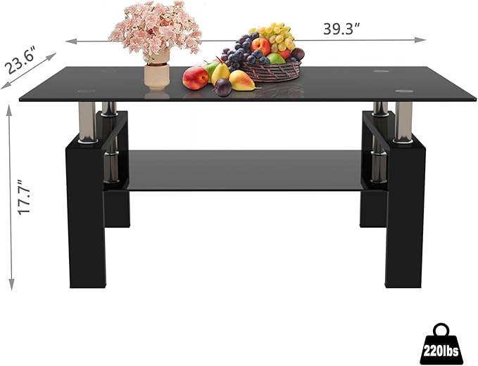 Black Glass Coffee Table for Living Room, Mordern Rectangle Tempered Glass Sofa Center Tables with Black Metal Leg for Home Office-Ruum Studio Home