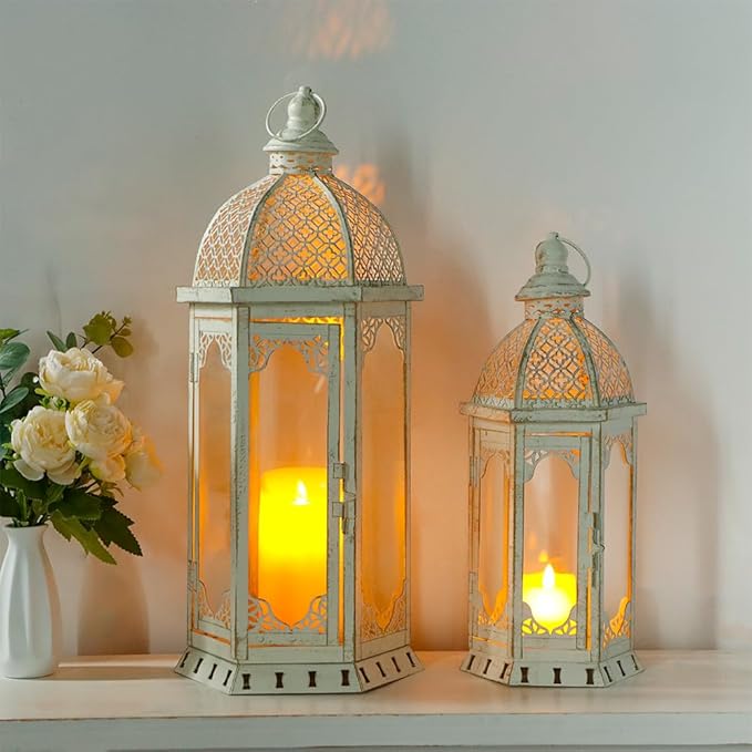 JHY DESIGN Set of 2 Decorative Candle Lanterns 22"&17" H Outdoor Vintage Metal Candle Holder for Garden Living Room Indoor Parties Weddings Patio Home Decor(White with Gold Brush)-Ruum Studio Home