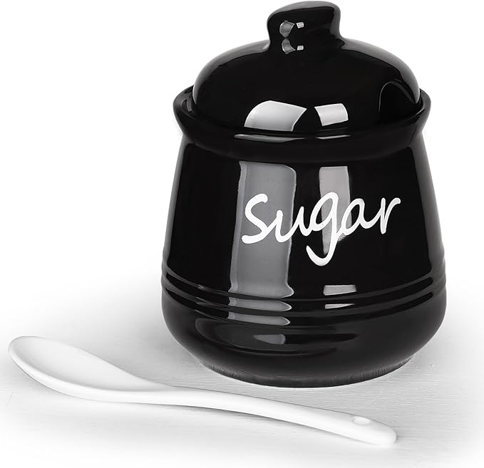 HAOTOP 12oz Sugar Bowl with Lid and Spoon,Ceramic Sugar Jar Sugar Dispenser Sugar Container Coffee Bar Accessories, Kitchen Countertop Canisters, Black-Ruum Studio Home