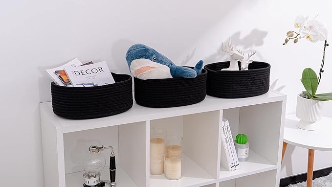 Shelf Storage Baskets for Organizing|Cute Basket for Closet&Blanket Storage|Small Woven Baskets to Store Toys,Books,etc.-13x8.66x5.11’’ Cotton Rope,Stylish,Oval 3 Packs Black-Ruum Studio Home