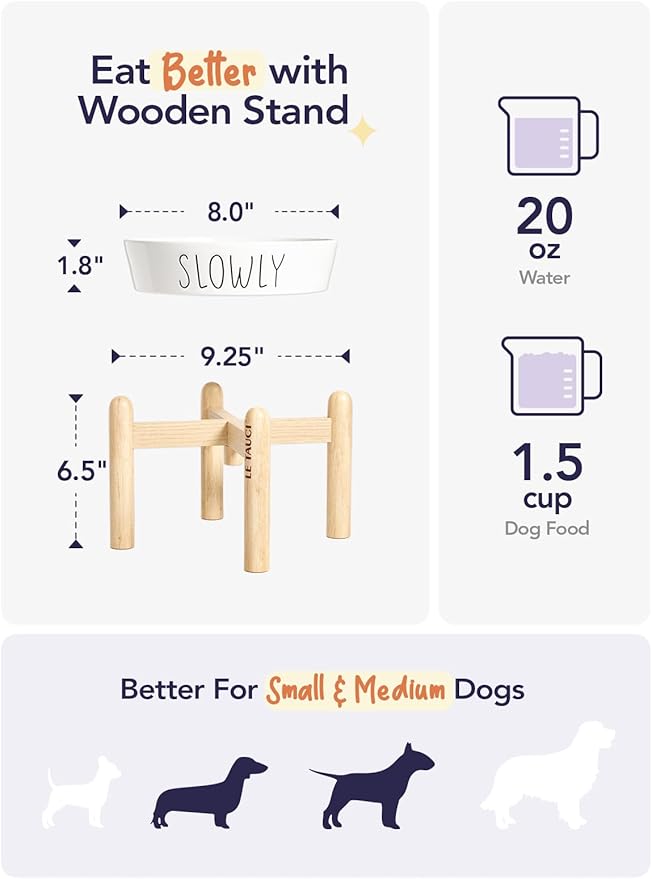 Ceramic Slow Feeder Dog Bowls Elevated for Small and Medium Breed with Wooden Stand, 1.5 Cups Dog Dishes to Slow Down Eating, Anti-Gulping Pet Feeding Dishes,White-Ruum Studio Home