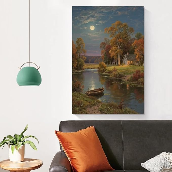 Small house by the stream under the moonlight tranquil style suitable for living room bedroom and office landscape poster wall art-Ruum Studio Home