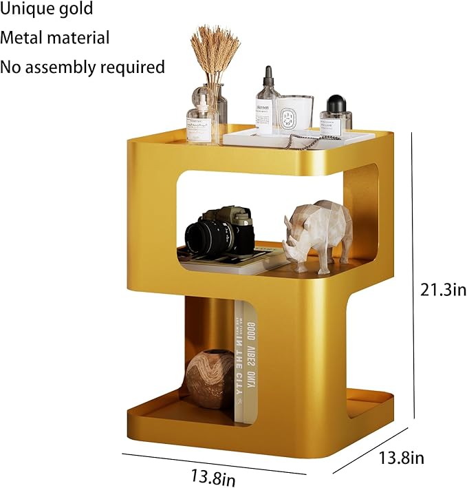 Gold Side Table,Modern end Table,Unique nightstand,Bedside Tables,Metal Accent Side Table with Storage for Living Room Bedroom Couch,no Assembly Required-Ruum Studio Home