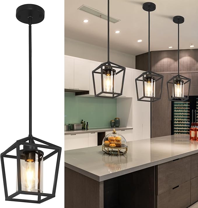 1 Pack Black Pendant Light Fixture Farmhouse Iron Cage Metal Pendant Light Lantern Hanging Light Fixtures with Clear Glass Shade for Kitchen Island, Dining Room, Hallway,Entryway1-Ruum Studio Home