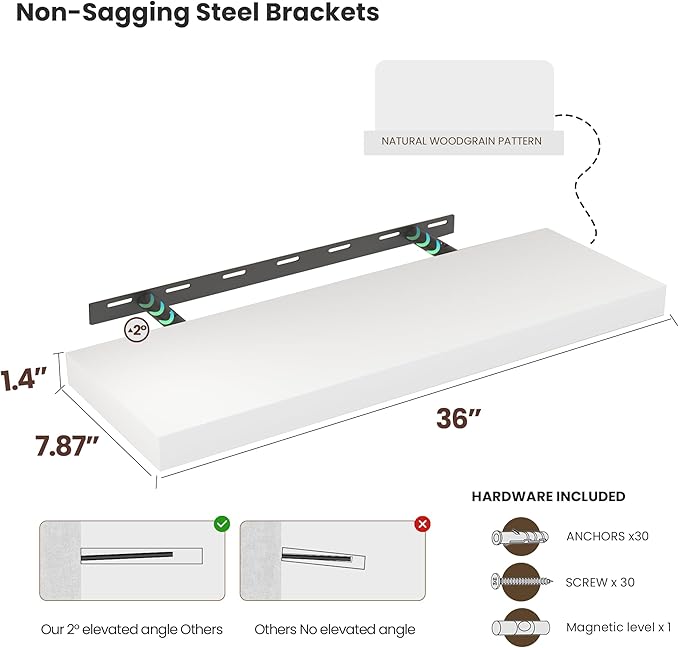 Floating Wood Shelves for Wall 36 Inches x 8”x 1.4” Shelf Floating Home Decor, Heavy Duty Shelf Hold 80 lbs, Wall Shelves for Bathroom Living Room Kitchen Bedroom Office - Set of 2 White-Ruum Studio Home