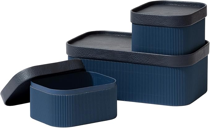 La Jolie Maison Fluted Cardboard Storage Baskets with Vegan Leather Lids, Sturdy Stackable Paper Boxes Decorative Tray, Basket Organizer Bins for Bathroom Bedroom Organizing, Navy Blue, Set of 3-Ruum Studio Home
