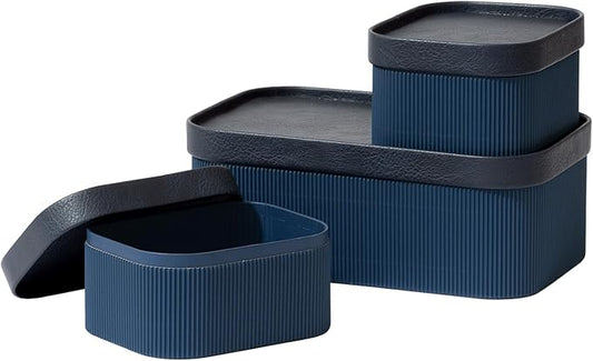 La Jolie Maison Fluted Cardboard Storage Baskets with Vegan Leather Lids, Sturdy Stackable Paper Boxes Decorative Tray, Basket Organizer Bins for Bathroom Bedroom Organizing, Navy Blue, Set of 3-Ruum Studio Home