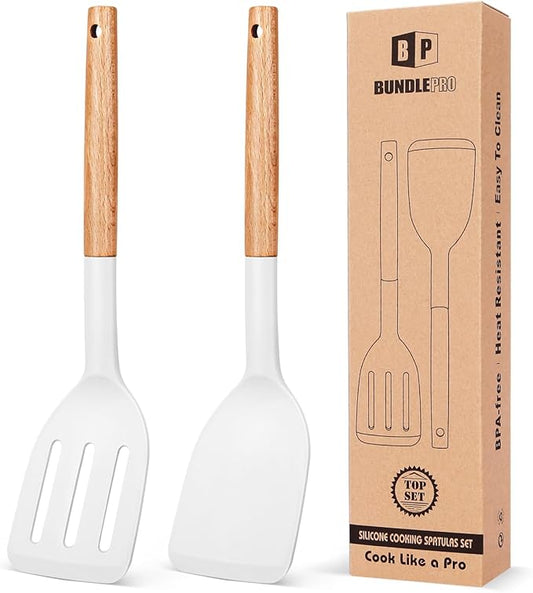 Pack of 2 Silicone Cooking Spatula, Heat Resistant Solid Turner, Non Stick Slotted Spatulas with Wooden Handle,Ideal Wood Kitchen Utensils Set for Frying, Baking, Flipping, Turning (WHITE)-Ruum Studio Home