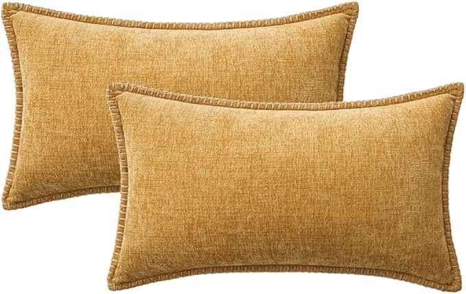 MIULEE Pack of 2 Couch Throw Pillow Covers 12x20 Inch Gold Farmhouse Decorative Pillow Covers with Stitched Edge Soft Chenille Solid Dyed Fall Pillow Covers for Sofa Bed Living Room-Ruum Studio Home