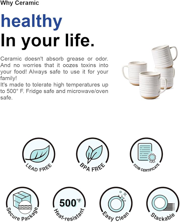 LE TAUCI Coffee Mugs 12 oz, Ceramic Mug Set, Housewarming Wedding Present, Coffee Cups for Latte, Hot Tea, Cappuccino, Mocha, Cocoa - Set of 4, Arctic White-Ruum Studio Home