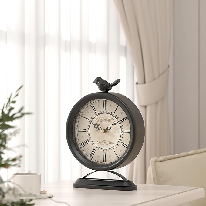 Vintage Table Clock with Bird, European Antique Style Black Mantel Clocks, Desk and Shelf Decor Clock, for Farmhouse, Bedside, Living Room, Bedroom, Gift (9" H x 6.5" W)-Ruum Studio Home
