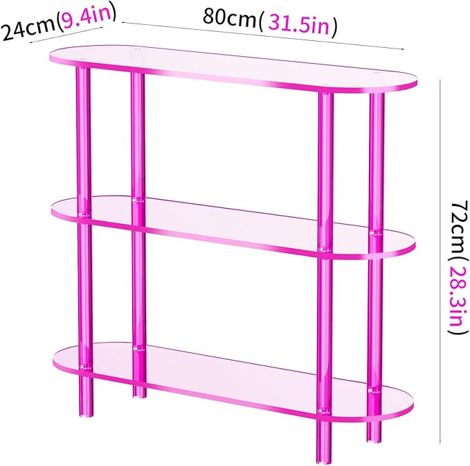 Clear Bookshelf, Acrylic Bookcase with Open Book Shelf Console Table for Entryway Office (3 Tier Pink)-Ruum Studio Home