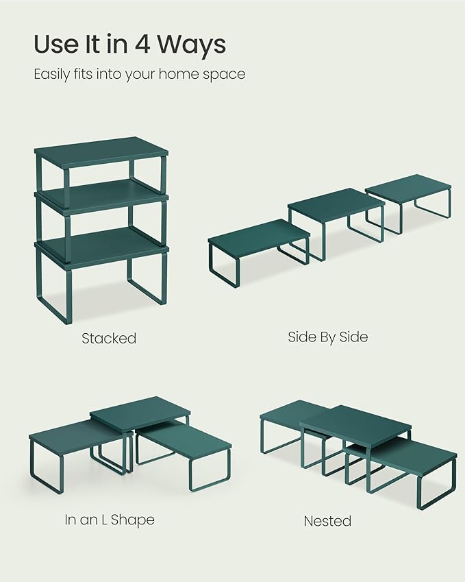 SONGMICS Cabinet Organizer Shelf, Set of 3 Kitchen Counter Shelves, Kitchen Storage, Spice Rack, Stackable, Expandable, Cascade Green UKCS220C01V1-Ruum Studio Home