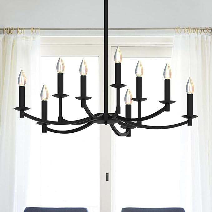 Round Black Chandeliers, Modern Candle Hanging Lights, LED Pendant Lighting Ceiling for Dining Room Bedroom Kitchen Island Farmhouse Living Room (Black-A 9Lights)-Ruum Studio Home