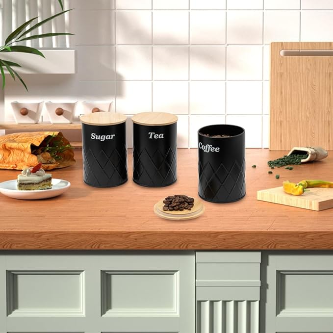 Black Canister Sets for Kitchen Counter,Tea coffee canisters,sugar container,3 Canisters,900ML/30.43OZ-Ruum Studio Home