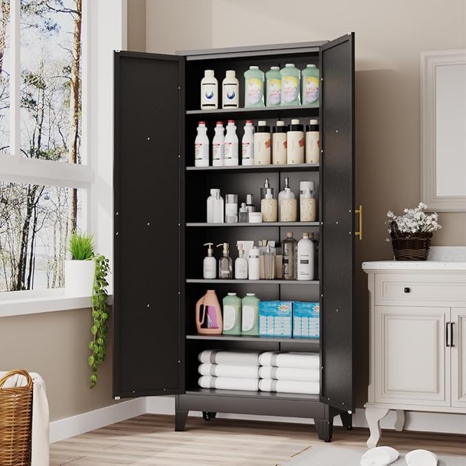 75" Tall Metal Kitchen Pantry Storage Cabinet, Freestanding Cupboard with 2 Doors and 5 Adjustable Shelves, Standing Storage for Kitchen, Bathroom, Garage, Dinning Room or Utility Room（Black）-Ruum Studio Home