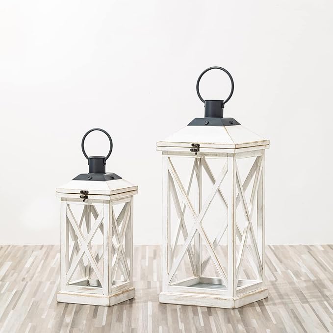 Glitzhome Mondern Farmhouse Wooden Lantern Hanging Decorative Candle Lantern for Outdoor & Indoor Wash White Set of 2 (No Glass)-Ruum Studio Home