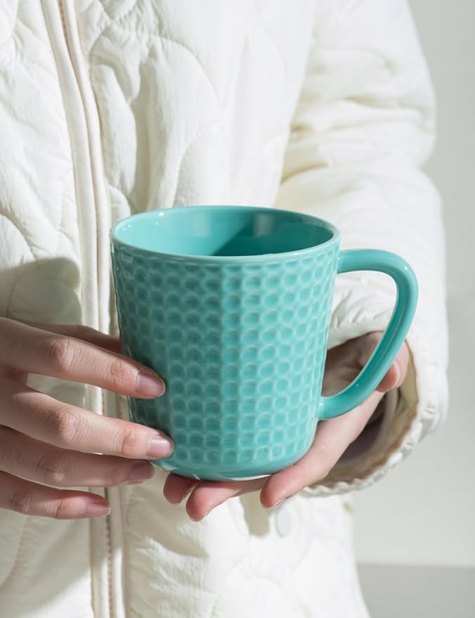 Ceramic Coffee Mugs 15 oz, Large Waffle Embossed Mug Set with Handle, Unique Coffee Cups for Latte, Cappuccino, Cocoa, Hot Tea, Mocha, Milk, Housewarming Wedding Present - Set of 4 (Turquoise)-Ruum Studio Home