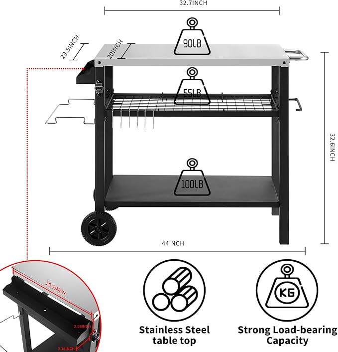 Grill Cart Table with Three Shelf, Movable Outdoor Dining Cart Pizza Oven Stand with Three Hooks, Kitchen Cart Island Multifunction Food Prep Table (Sliver)-Ruum Studio Home