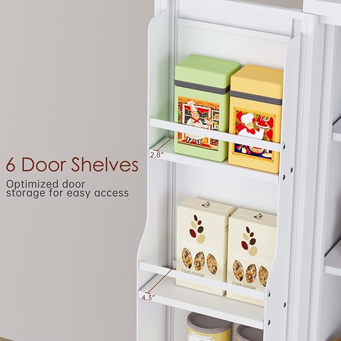 75" H Metal Storage Cabinet, Pantry with 6 Door Shelves and 4 Adjustable Shelves, Leveling Foot for Kitchen, Living Room and Dinning Room, White-Ruum Studio Home