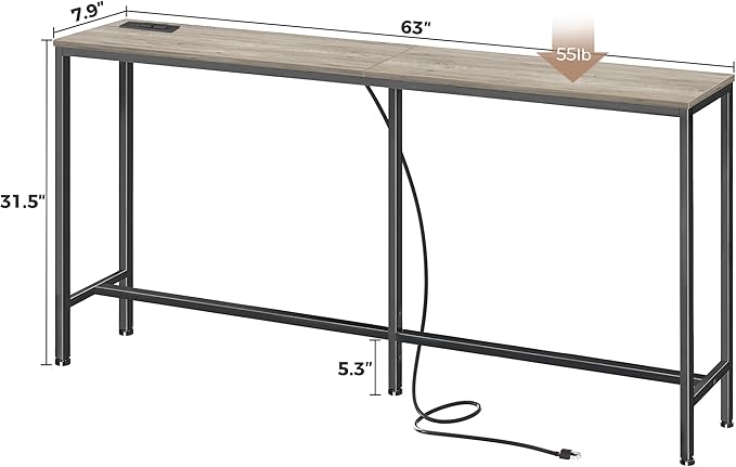 SUPERJARE Console Table with Outlet, 63 Inch Sofa Table with Charging Station, Narrow Hallway Entryway Table, Behind Couch Table, for Living Room, Oak-Ruum Studio Home