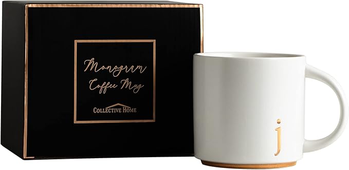 COLLECTIVE HOME - Monogram Ceramic Mugs, 15 oz Golden Initial Coffee Cups, Elegant Alphabet Tea Mugs, Elegant Personalized Mug with Gift Box, Luxurious Cups for Office and Home (j)-Ruum Studio Home