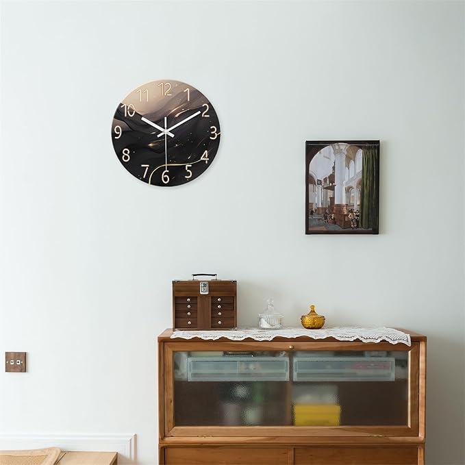 Large Wall Clocks Battery Operated 16 Inch Marble Glass Wall Clock for Living Room Black and Glod Wall Clock Silent Non Ticking-Ruum Studio Home
